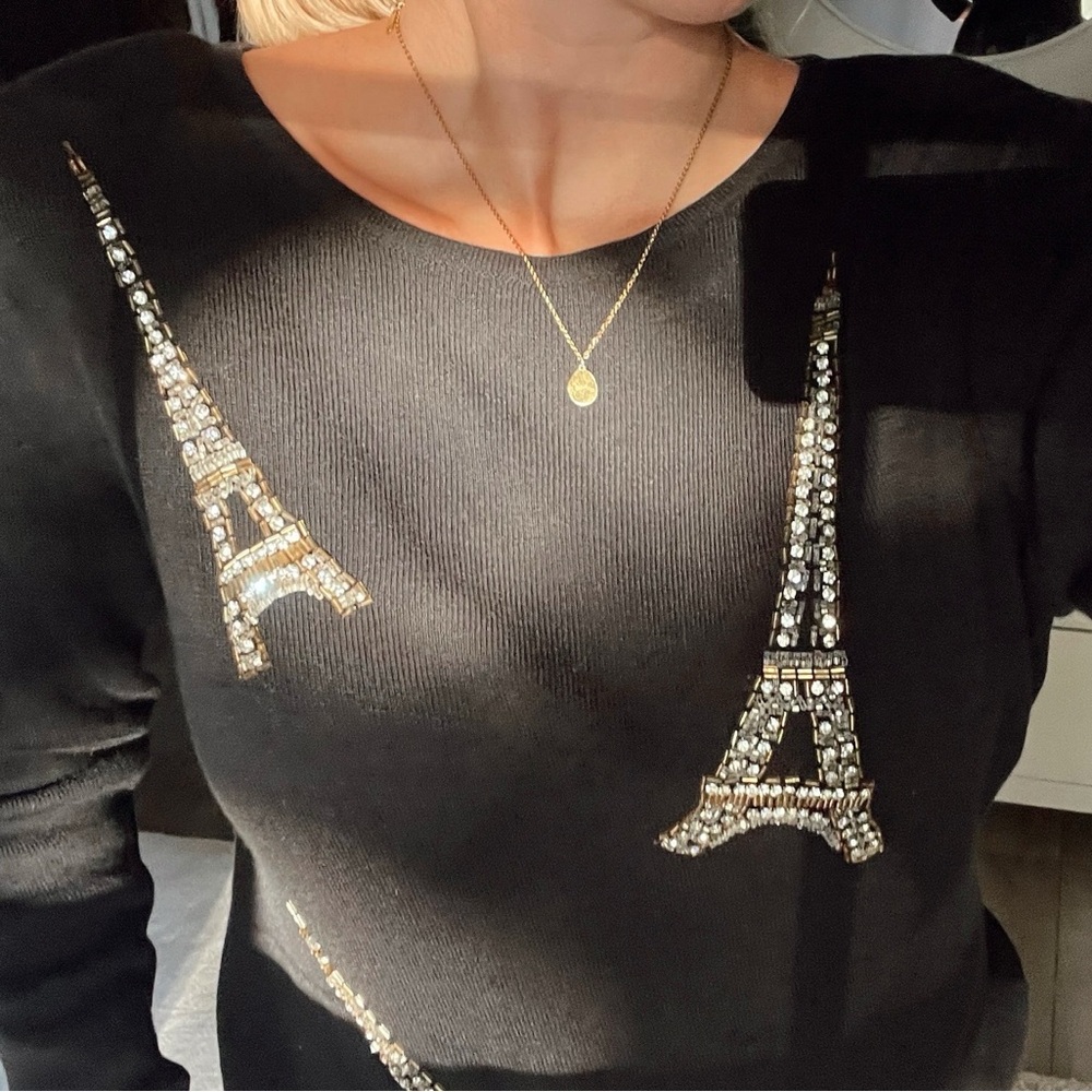 Vintage Y2K Gardy Rhinestone Embroidered Eiffel Tower Black Knit Sweater